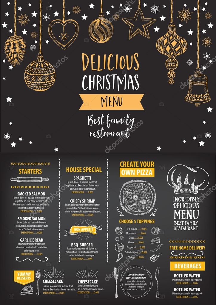 Vector christmas restaurant brochure, menu design. Vector holiday template with xmas hand-drawn graphic. Happy New Year invitation flyer.