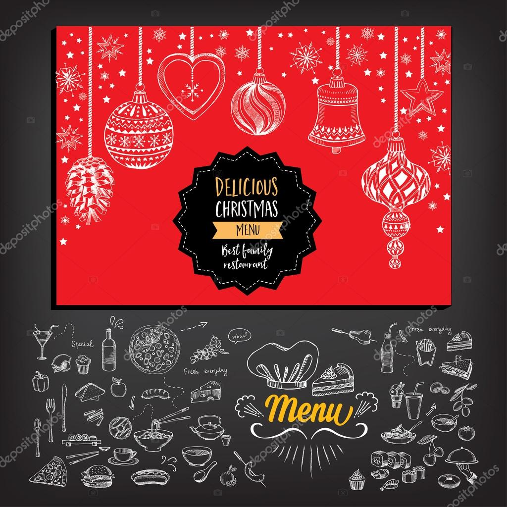 Vector christmas restaurant brochure, menu design. Vector holiday template with xmas hand-drawn graphic. Happy New Year invitation flyer.