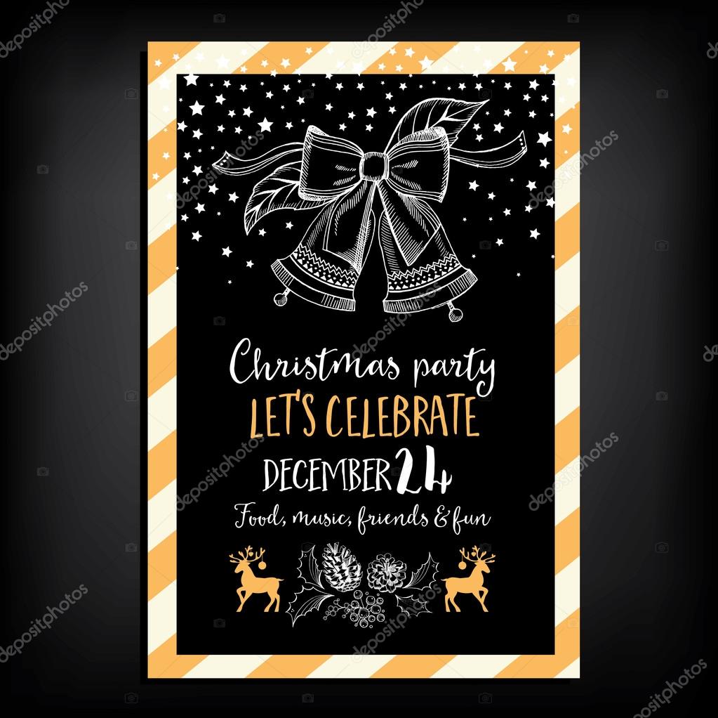 Vector christmas party invitation with toys. Holiday background and design banner. Vector template with hand-drawn xmas graphic.