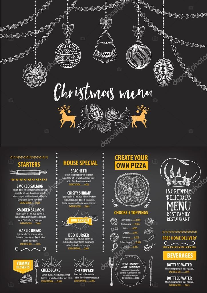 Vector christmas restaurant brochure, menu design. Vector holiday template with xmas hand-drawn graphic. Happy New Year invitation flyer.