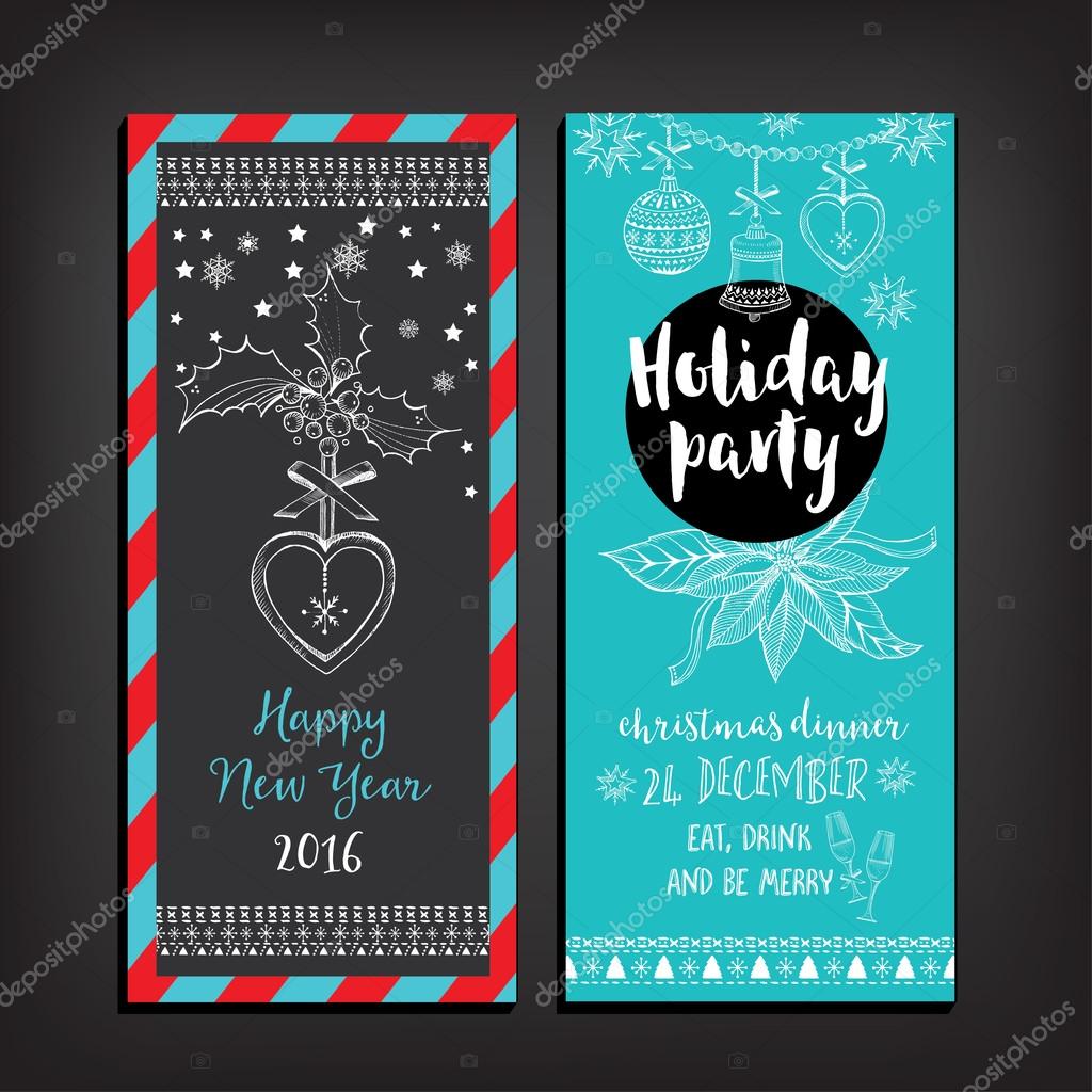 Vector christmas party invitation with toys. Holiday background and design banner. Vector template with hand-drawn xmas graphic.