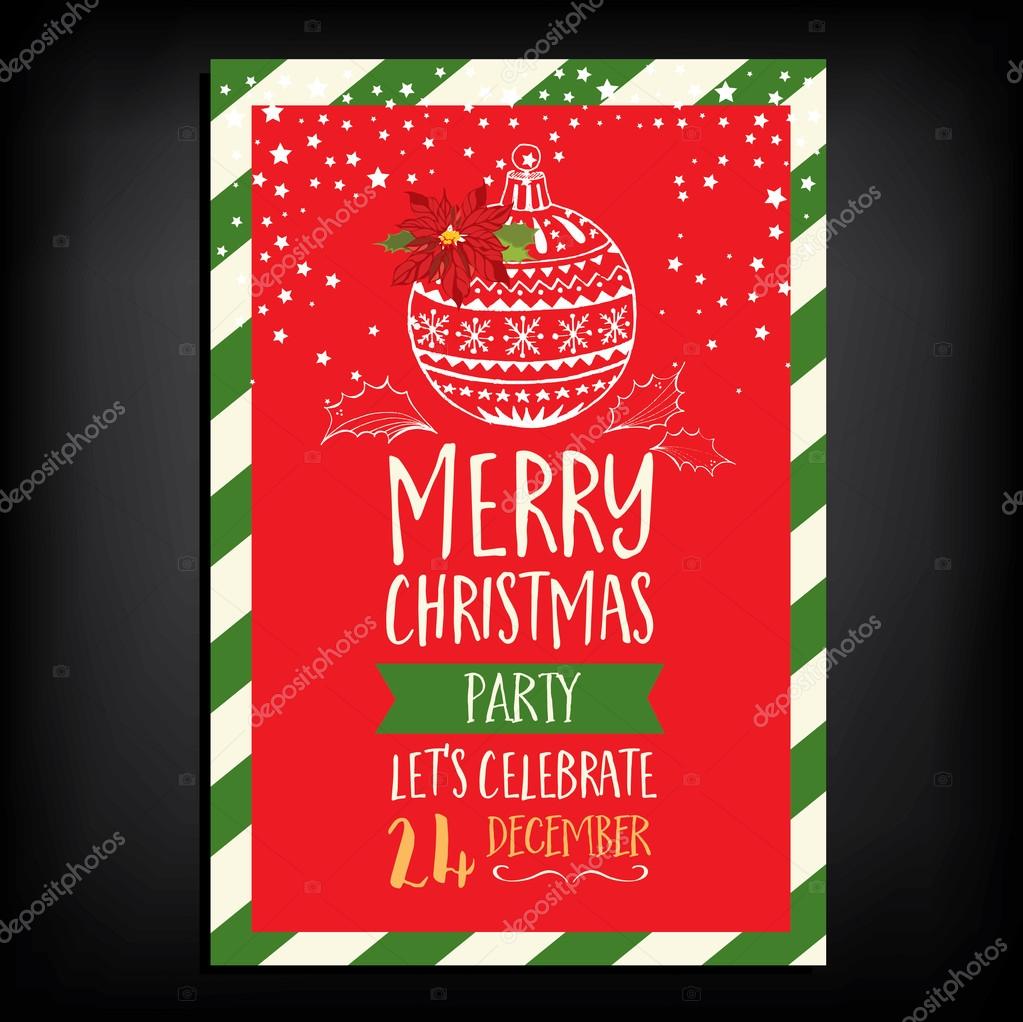Vector christmas party invitation with toys. Holiday background and design banner. Vector template with hand-drawn xmas graphic.
