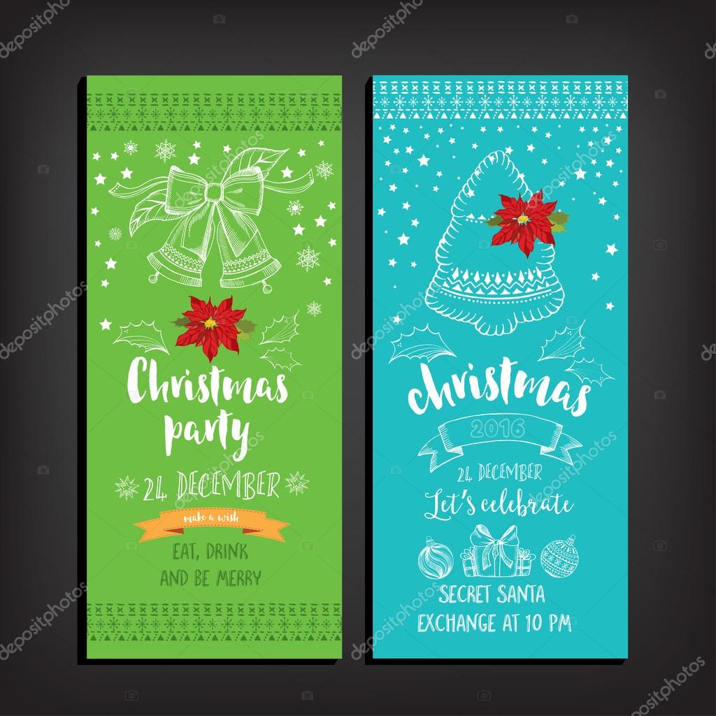 Vector christmas party invitation with toys. Holiday background and design banner. Vector template with hand-drawn xmas graphic.