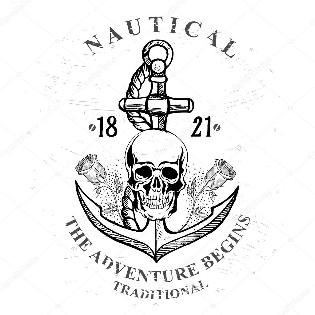 Pirate skull with anchor. Marine print vector, retro design. Vector poster with hand-drawn graphic. Nautical vintage design.