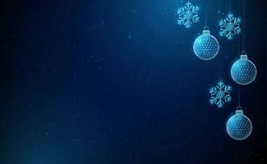 Soyut Mutlu Yıllar tebrik kartı ve asılı Noel oyuncakları.