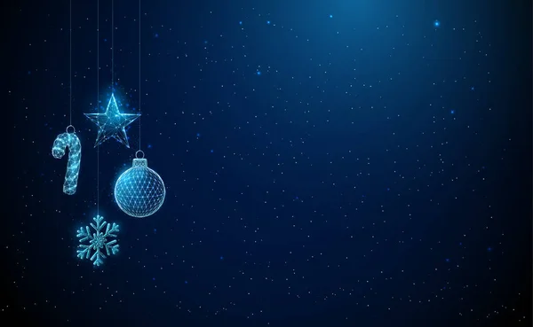 Soyut Mutlu Yıllar tebrik kartı ve asılı Noel oyuncakları.