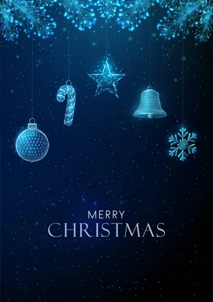 Soyut Mutlu Yıllar tebrik kartı ve asılı Noel oyuncakları.