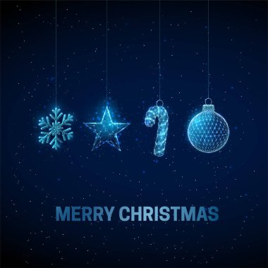 Soyut Mutlu Yıllar tebrik kartı ve asılı Noel oyuncakları.