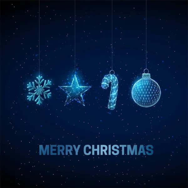 Soyut Mutlu Yıllar tebrik kartı ve asılı Noel oyuncakları.