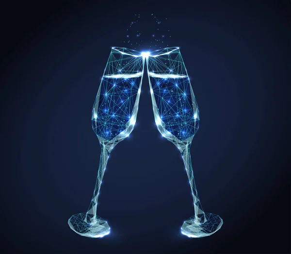 Two neon clink wine glasses with champagne and bubbles — Stockvektor