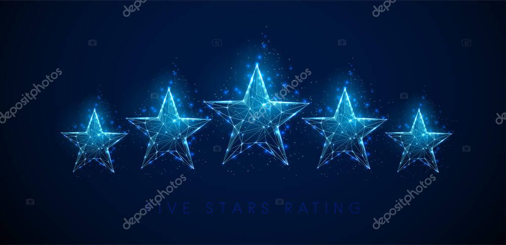 5 stars raiting. Abstract blue stars. Low poly style design. Abstract geometric background. Wireframe light connection structure. Modern 3d graphic concept. Isolated vector illustration.