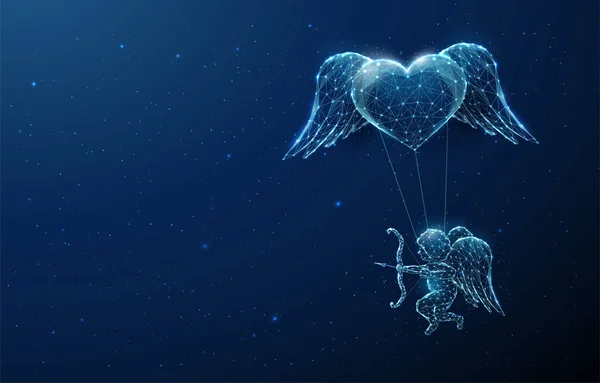 Abstracto ángel azul Cupido volando bajo el corazón — Vector de stock