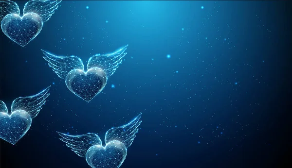 Abstracto vuelo corazones azules con alas. Feliz tarjeta de San Valentín. — Vector de stock