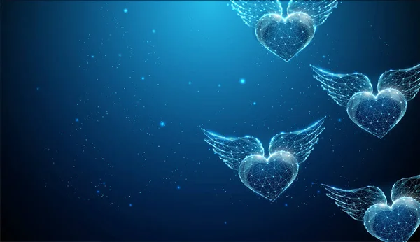 Abstracto vuelo corazones azules con alas. Feliz tarjeta de San Valentín. — Vector de stock