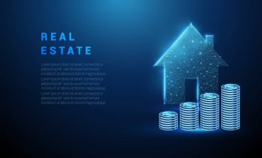 Soyut parlayan mavi bozuk para yığını ve ev simgesi