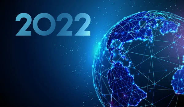 Abstract Happy 2022 การ์ดแสดงความยินดีปีใหม่กับดาวเคราะห์โลก — ภาพเวกเตอร์สต็อก