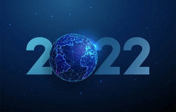 Открытки с Новым годом 2022 с планетой. Низкий дизайн в стиле poly. Абстрактный геометрический фон — стоковый вектор