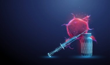 İlaç şişesi ve şırıngası olan 3 boyutlu kırmızı tümör. Kanser tedavisi, uyuşturucu teslimatı, hedef terapisi, kemoterapi, tıbbi araştırma, onkoloji çalışma konsepti. Düşük polyester dijital fütürist tarzı. Vektör.