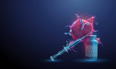 İçinde ilaç şişesi, şırınga, uçan antikorlar olan kırmızı bir tümör. Kanser tedavisi, hedef terapisi, bağışıklık terapisi, tıbbi araştırma, onkoloji çalışma konsepti. Düşük polyester dijital fütürist. Vektör.