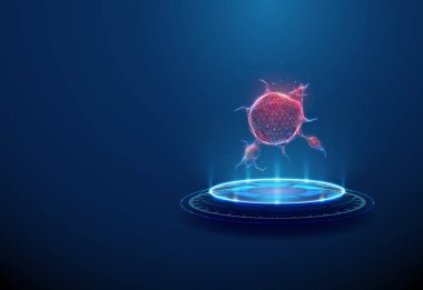 Gelecekteki podyumda 3 boyutlu kırmızı tümör. Onkoloji, kanser araştırması, tümör analizi, tıbbi teşhis, sağlık hizmetleri yeniliği, biyoteknoloji konsepti. Düşük polyester dijital fütüristik biçim, kablo vektörü.