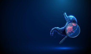 Midesi büyüteç altında ve içinde tümör var. Mide kanseri teşhisi, hastalık tespiti, patoloji araştırması, biyomedikal çalışma konsepti. Düşük polyester dijital fütüristik biçim, kablo vektörü.