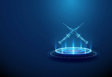Fütürist podyumda iki çapraz şırınga. Aşı, bağışıklık, tıbbi tedavi, sağlık koruma, ilaç endüstrisi, biyoteknoloji konsepti düşük polyester dijital stil, kablo taşıyıcı.