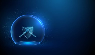 Cam bir kubbenin altındaki bir kalkanın önünde çaprazlanmış iki şırınga. Tıbbi koruma, insülin enjeksiyonu, sağlık sigortası, hastalık kontrol konsepti. Düşük polyester dijital fütüristik stil, kablo çerçevesi. Vektör.