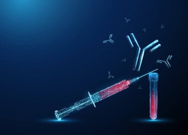 Test tüpünde kan şırıngası ve etrafta uçan antikorlar var. Bağışıklık sistemi, antikor temelli teşhisler serolojik testler, sağlık hizmetleri, laboratuvar araştırma konsepti. Düşük polimerli. Vektör.