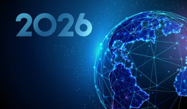 2026 Küresel Birlik Gezegeni, sürdürülebilirlik, çevresel farkındalık, uluslararası kalkınma, dünya gelişimi, gelecekteki yenilik kavramı ile yeni yıl gbanner. Düşük polyester dijital fütüristik vektör.