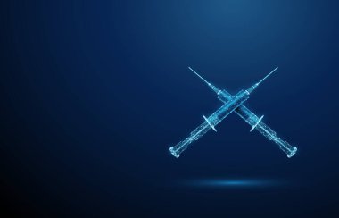 İki çapraz şırınga. Aşı, bağışıklık, tıbbi araştırma, insülin enjeksiyonu, hormon tedavisi, sağlık hizmeti, koruma, önleme konsepti. Düşük polyester dijital fütüristik kablo taşıyıcı