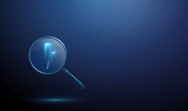 İçinde yıldırım olan 3 boyutlu mavi büyüteç. Enerji denetimi, elektrik analizi, voltaj izleme, elektrik araştırması, güç algılama konsepti. Düşük polyester dijital fütürist tarzı. Vektör.
