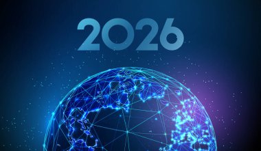 Gezegen ile 2026 yılbaşı tebrik kartı. Küresel birlik, sürdürülebilirlik, çevresel farkındalık, uluslararası kalkınma, dünya ilerlemesi, gelecekteki yenilik kavramı. Düşük poliuristik biçim Vektörü.