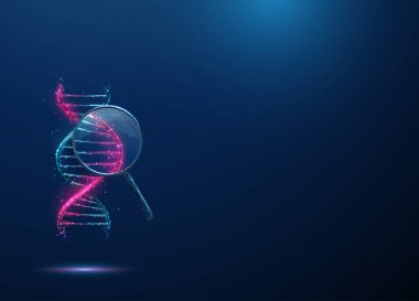 Büyüteç altında mor 3 boyutlu DNA. Genetik mutasyon, DNA dizilimi, moleküler biyoloji, gen düzenleme, bilimsel yenilik, teşhis konsepti düşük polyester dijital fütüristik biçim, wirefram vektörü.
