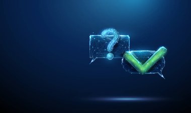Soru işareti ve yeşil işaretli fütürist sohbet baloncukları. Soruşturma, problem çözme, iletişim iş akışı, yapay zeka desteği, onaylanmış tepkiler konsepti. Düşük polimerli dijital stil. Vektör.