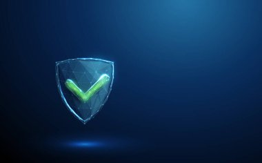 Yeşil işaretli 3D mavi kalkan. Güvenlik koruması, güvenlik onayı, onaylanmış statü, güvenilir erişim, onaylanmış konsept. Düşük polimerli kablo teknolojisi dijital stili. Vektör.