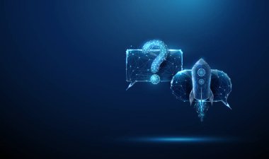 Soru işareti ve roket ikonu olan konuşma baloncukları. Soru işleme, yapay zeka destekli sohbet robotları, hızlı tepki sistemleri, akıllı yardım kavramı. Düşük polyester dijital fütürist tarzı. Vektör.