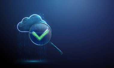 Akan veri akışına sahip 3D veri bulutu, yeşil işaretli büyüteç. Başarılı doğrulama, veri doğrulama, hatasız analiz, doğrulanmış bilgi kavramı. Fütürist dijital. Vektör.