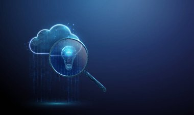 3D mavi veri bulutu büyüteç altında ampulle birlikte akan noktalar. Verilerden gelen fikir keşfi, içgörü üretimi, yaratıcı problem çözme kavramı. Fütürist dijital tarz. Vektör.