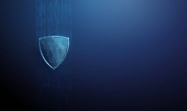 Noktalardan oluşan akış veri akışında 3D kalkan. Siber güvenlik, dijital koruma, bilgi güvenliği, veri izleme, gizlilik güvencesi kavramı. Düşük polyester dijital fütüristik stil, kablo çerçevesi. Vektör.