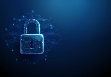 3D mavi asma kilit ve mikroçip devreleri donanım güvenliği, veri koruması, siber güvenlik, şifreleme, güvenli erişim, dijital altyapı konsepti. Düşük polyester dijital fütürist tarzı. Vektör.