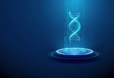 Geleceğin veri akışında 3D DNA sarmalı. Genetik araştırma, tıbbi veri depolama, ai tıbbı, genom analizi, ileri tanı konsepti. Düşük polyester dijital kablo biçimi. Vektör.