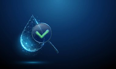Büyüteç altında yeşil işaretli 3D mavi su damlası. Su kalitesi analizi, saflık testi, çevresel izleme, laboratuvar doğrulama konsepti. Fütürist dijital tarz. Vektör.