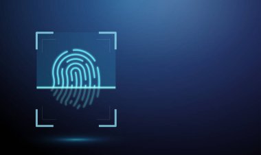 3d fingerprint inside scanning frame, partially scanned. Biometric authentication process, digital security check, access control system, personal data protection concept. Futuristic digital. Vector.
