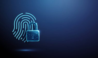 3d blue fingerprint combined with padlock. Biometric security, identity-based access control, secure authentication technology, personal data protection concept. Futuristic digital style. Vector.
