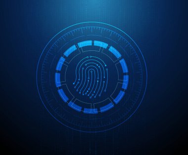 Dairesel yapıların içindeki devre çizgilerinden oluşan parmak izleri soyut bir dijital arkaplan oluşturuyor. Biyometrik görselleştirme, kimlik tanıma kalıbı, veri tasarımı konsepti. Gelecekçi Vektör