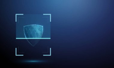 Dijital tarama çerçevesinde 3D mavi kalkan. Güvenlik analizi, koruma değerlendirmesi, savunmasızlık izleme, siber güvenlik denetimi, sistem güvenliği doğrulama konsepti. Gelecekçi tarzı. Vektör