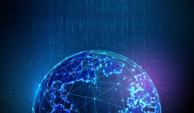 Akan veri akışında 3D mavi dünya küresi. Küresel veri değişimi, dijital bağlantı, bilgi transferi, teknoloji entegrasyonu, dünya çapında analitik kavramı. Düşük polyester dijital fütürist. Vektör.