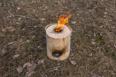 Nehir kıyısında Fince (İsveççe) ağaç mumunun dikey ateşi