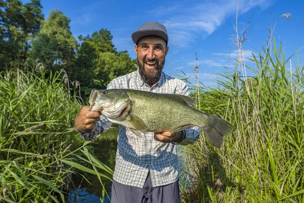 低音釣 大きな低音魚と幸せな漁師 池での大規模なパーチ — ストック写真