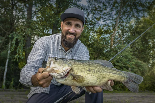 Bass Fishing Happy Fisherman Big Bass Fish Largemouth Perch Pond — Stock Photo, Image